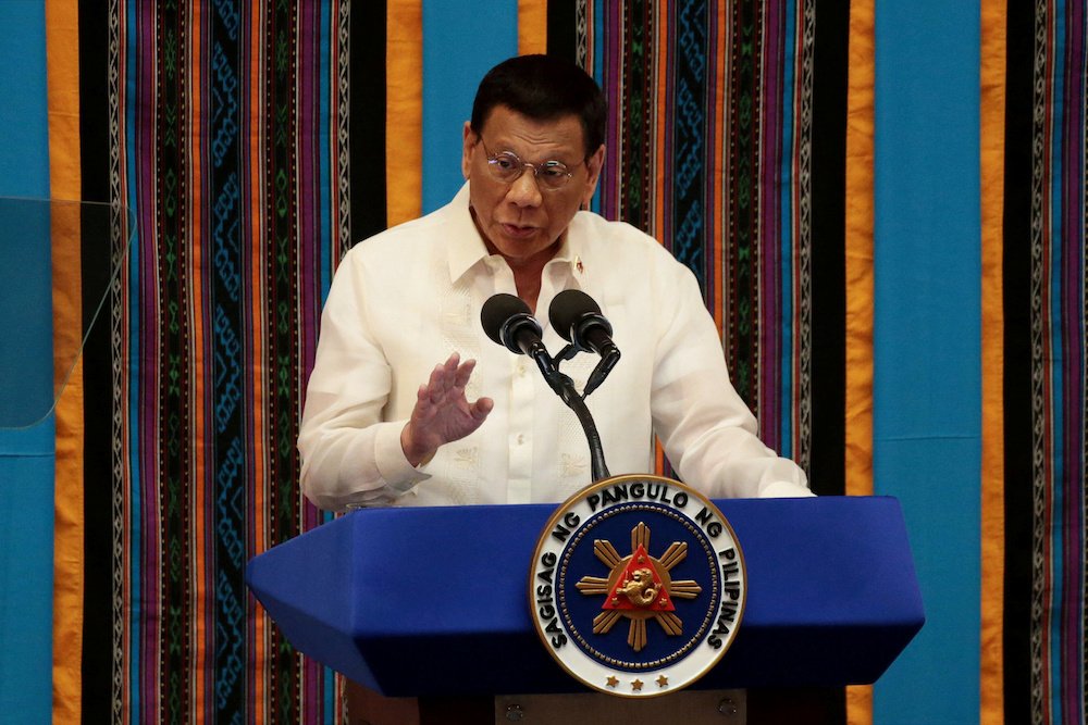 Philippine President Rodrigo Duterte gestures during his fourth State of the Nation Address at the Philippine Congress in Manila July 22