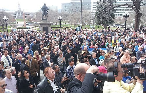 Protesters against SB175 gather outside the Colorado State Capitol in Denver on April 15