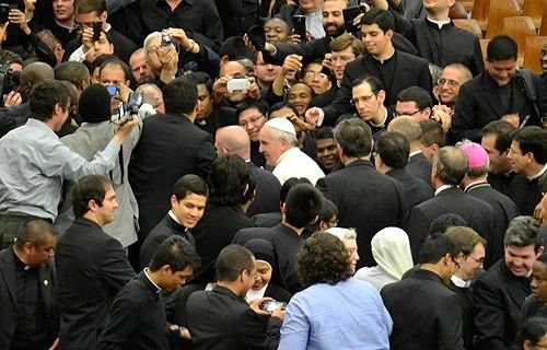 Pope Francis meets with seminarians from the Pontifical Roman universities on May 12