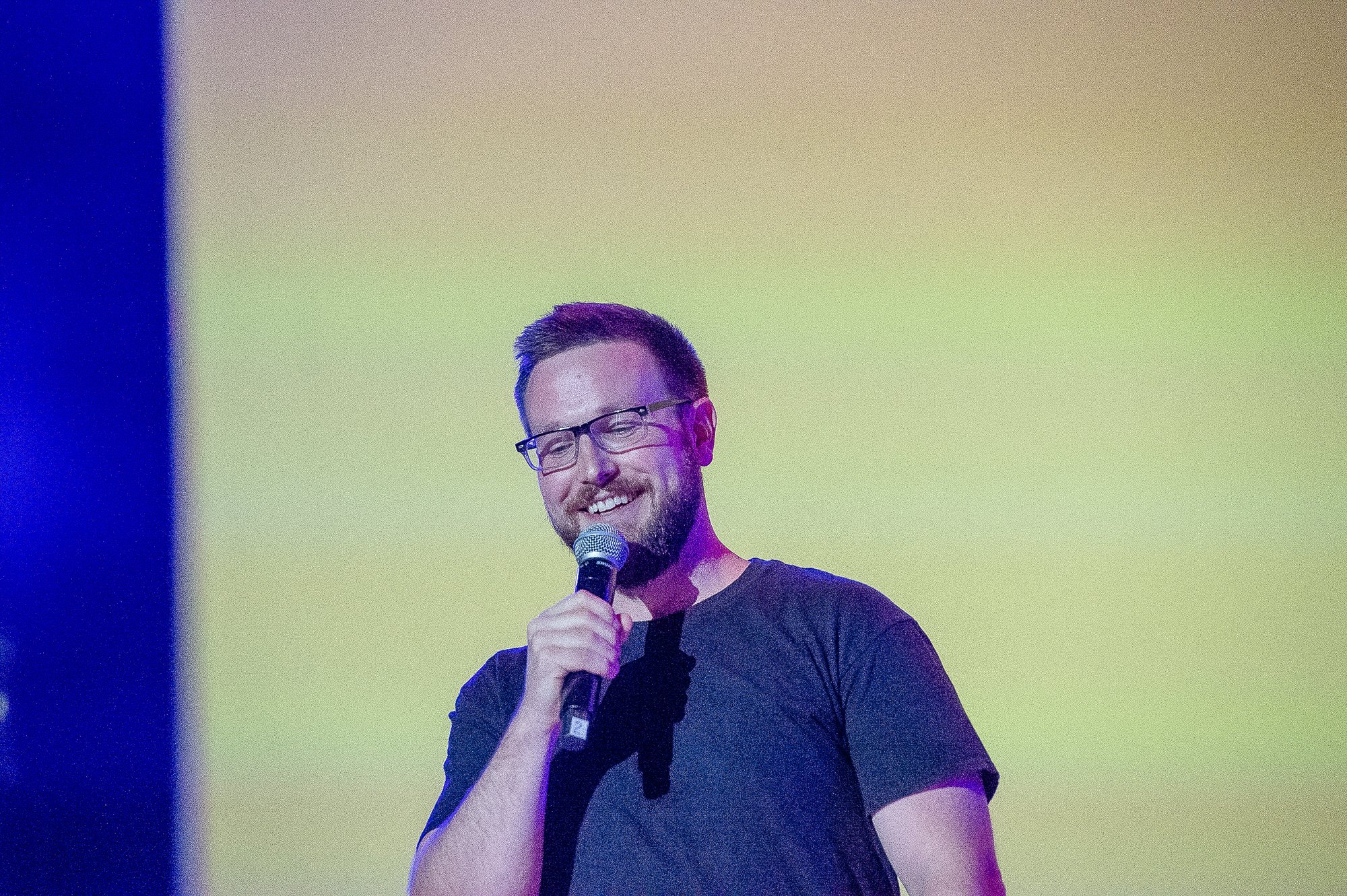 Joel Stepanek speaks at Night of Mercy event for English-speaking pilgrims during World Youth Day held in the Tauron Arena on July 27