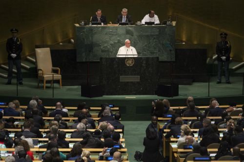 Pope Francis speaks to the United Nations General Assembly in New York City