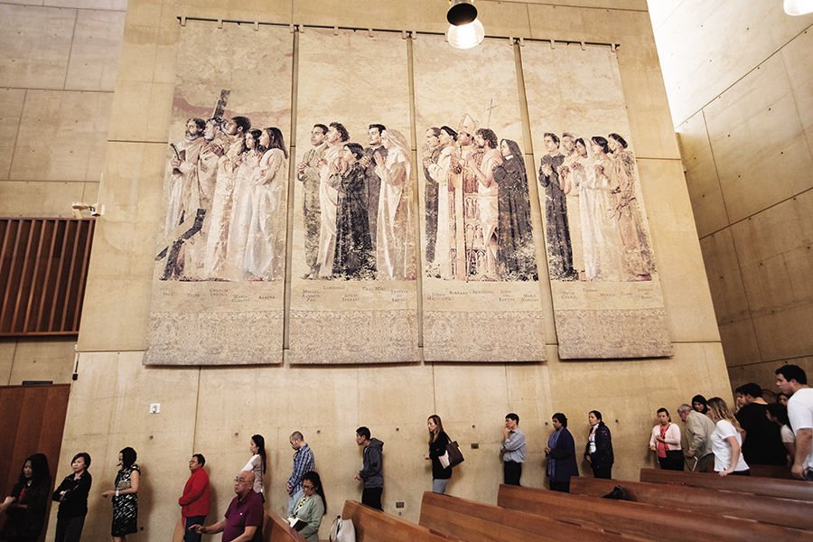Some of John Nava's "The Communion of Saints" tapestries in the Cathedral of Our Lady of the Angels in Los Angeles. (Photo/Victor Alemán)