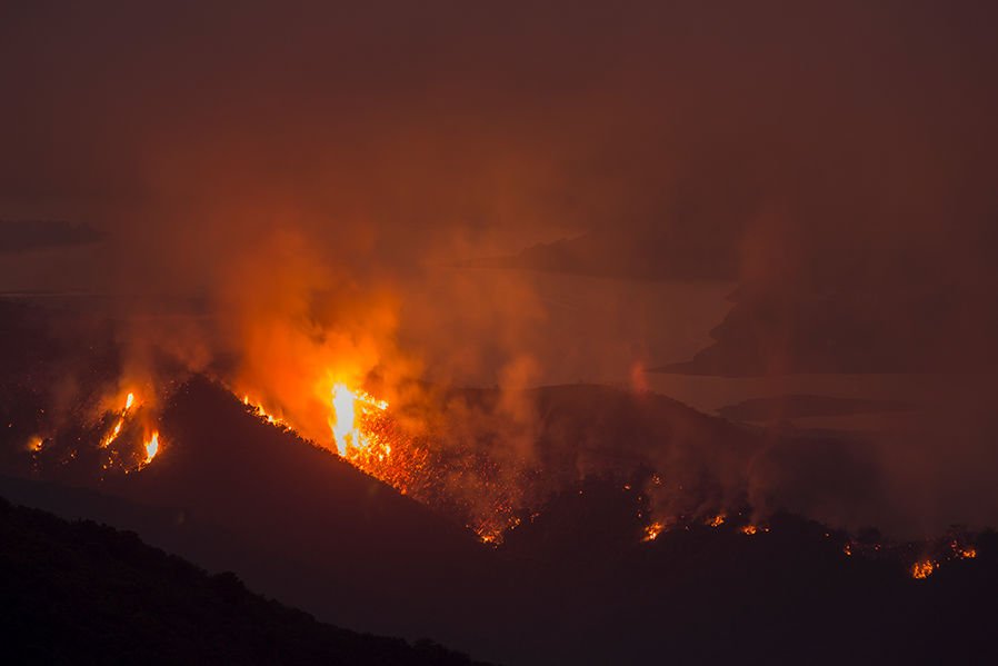 The Whittier Fire burns through the night on July 9 near Santa Barbara