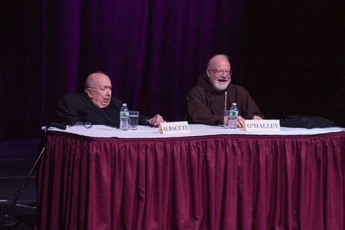 Msgr. Lorenzo Albacete (L) with Cardinal Sean O'Malley. Credit: Nicholas Erickson/New York Encounter (CC BY-NC-ND 2.0).