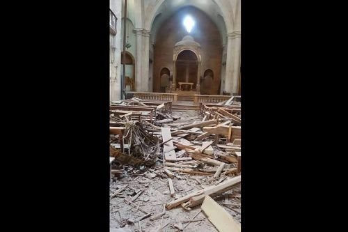 Interior of a damaged church building in Aleppo
