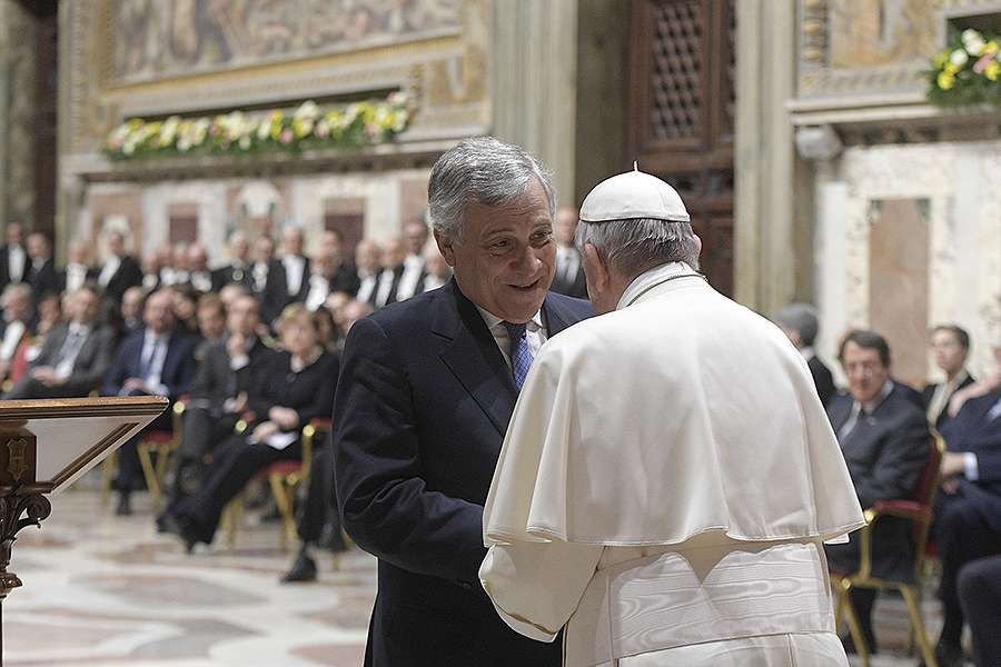 Pope Francis addresses heads of state and heads of government of European Union countries in Vatican City