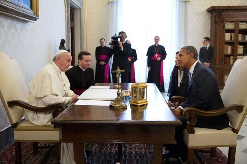 President Barack Obama meets with Pope Francis for a private audience at the Vatican