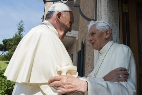 Pope Francis and Benedict XVI at the Monastery of Mater Ecclesiae in Vatican City on June 30