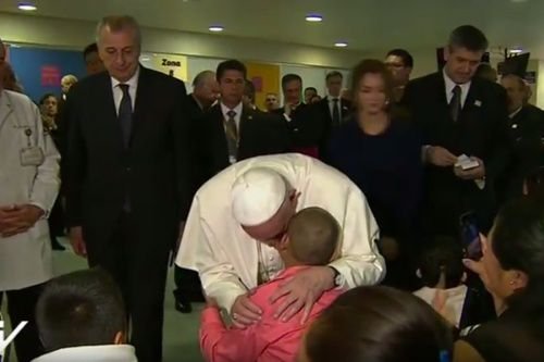 Pope Francis hugs a child at Mexico City's Federico Gomez Pediatric Hospital Feb. 14. Credit: CTV.