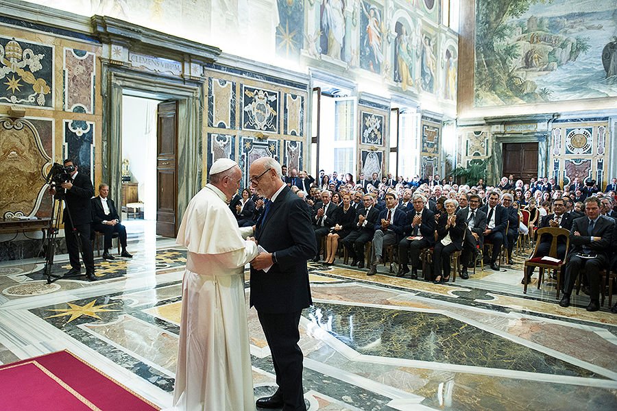 Pope Francis meets with Italy's national council of journalists at the Vatican's Clementine Hall