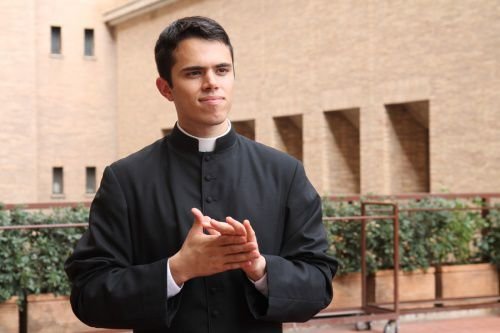 Deacon Fernando Camou of Phoenix after being ordained speaks to CNA at a reception at the North American College in Rome