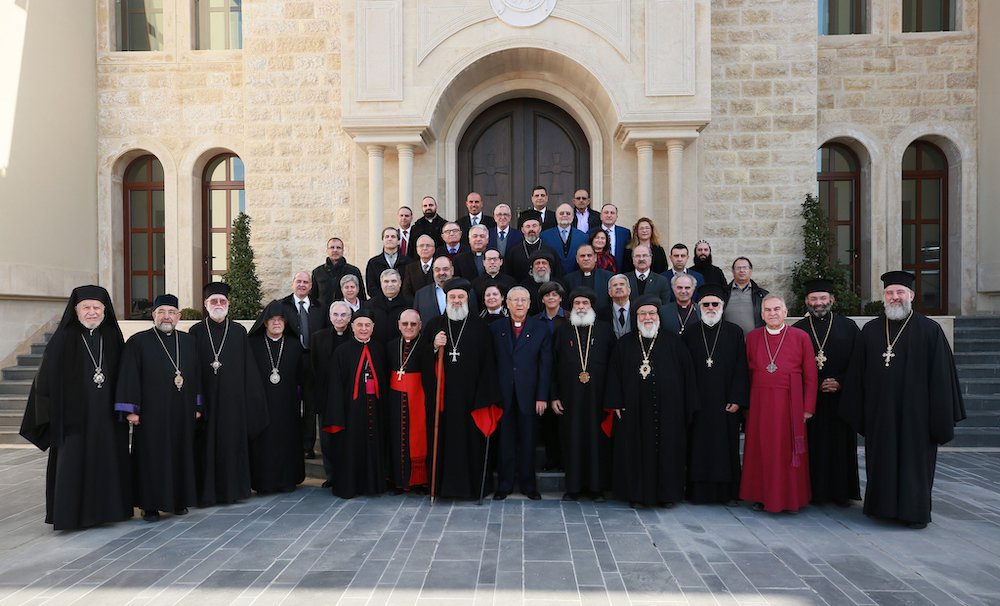 Members of the executive committee of the Middle East Council of Churches pose for a group photo during their Jan. 22-23 meeting in Atchaneh