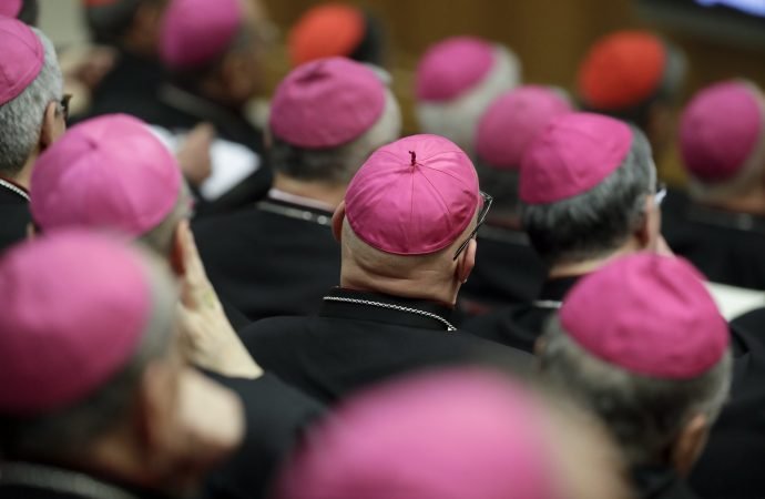 Bishops listen as Pope Francis delivers his speech during a meeting of the Italian Bishops' Conference