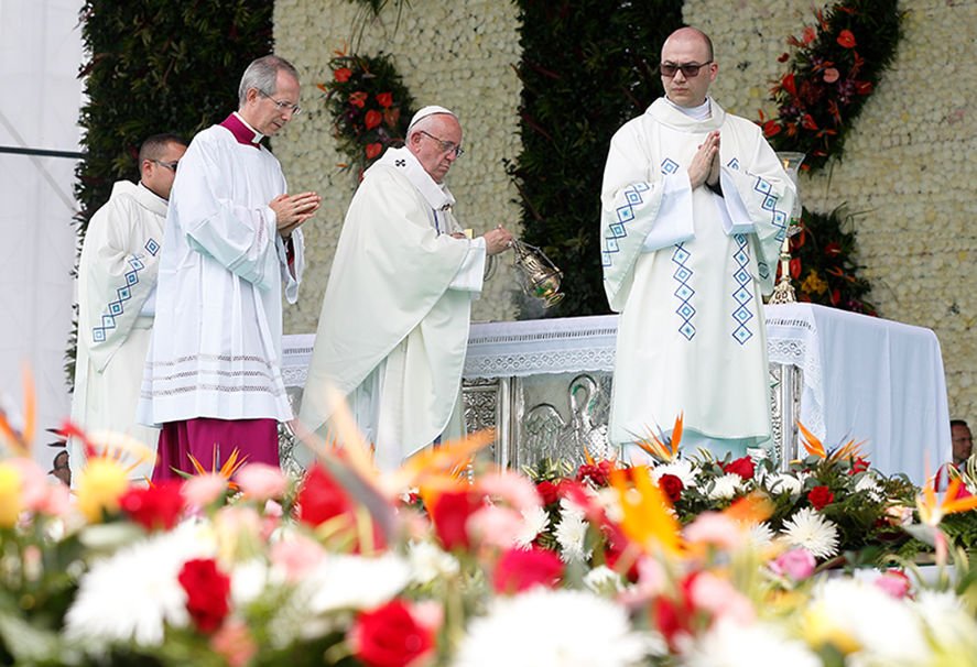 Pope Francis uses incense as he celebrates Mass at Enrique Olaya Herrera Airport in Medellin