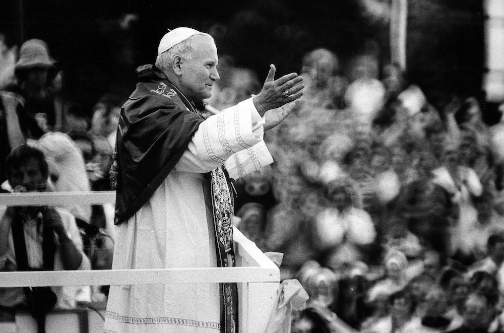 St. John Paul II greets throngs of Poles waiting for a glimpse of their native son at the monastery of Jasna Gora in Czestochowa during his 1979 trip to Poland. White House officials marked the 40th anniversary of St. John Paul II's first pilgrimage to Poland with a June 21