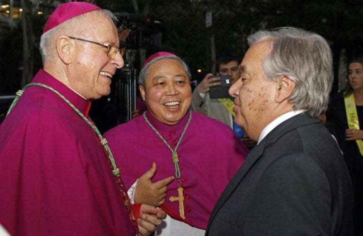 Bishop Paul Hinder, left, apostolic vicar of Southern Arabia, and Archbishop Bernardito Auza, the Vatican's permanent observer to the United Nations, chat with U.N. Secretary-General Antonio Guterres following a prayer service for U.N. diplomats Sept. 16, 2019, at Holy Family Church in New York City. The service, hosted by the Vatican's Permanent Observer Mission to the U.N., was held on the eve of the opening of the 74th session of the U.N. General Assembly. (CNS via Crux)