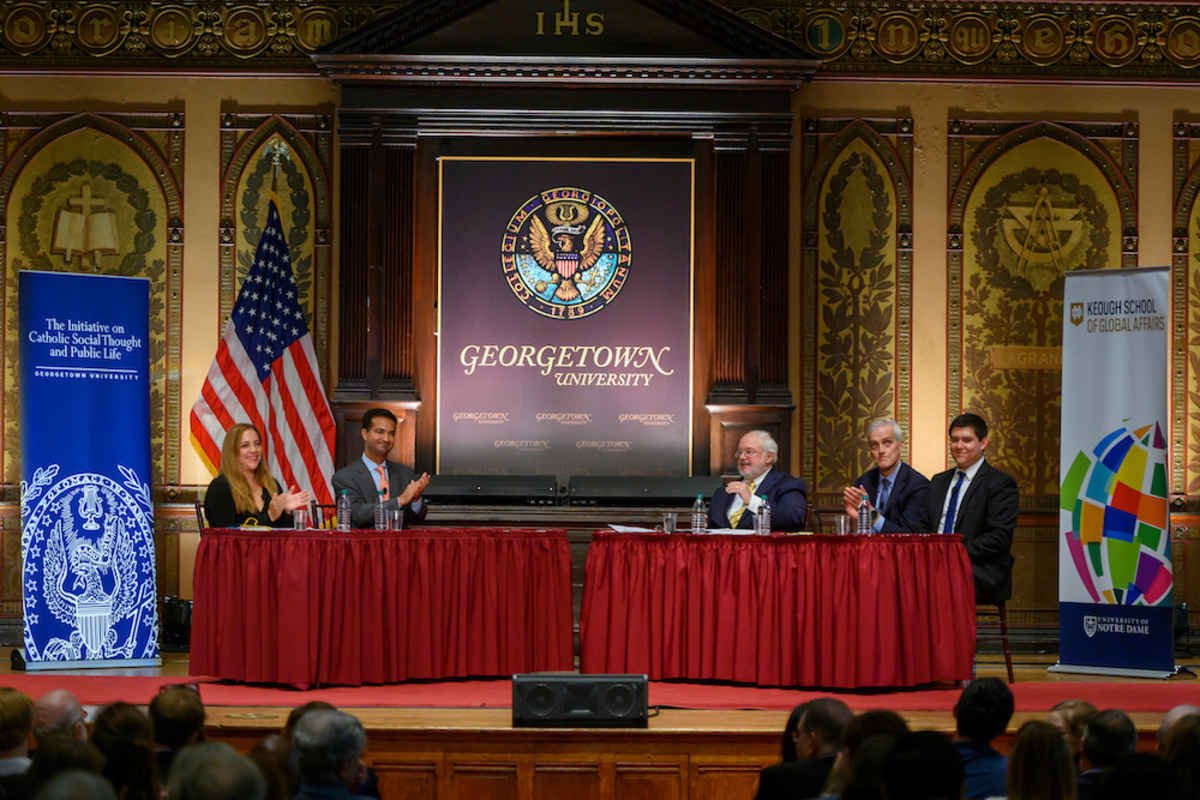 Panelists participate in a dialogue at Georgetown University in Washington Sept. 11, 2019, on the global refugee and migration crisis. They are Aryah Somers Landsberger, a native of Mexico who co-wrote a U.N. report "Children on the Run"; Carlos Curbelo, a former U.S. representative from Florida's 26th District; John Carr, director of Georgetown's Initiative on Catholic Social Thought and Public Life; Denis McDonough, executive fellow of the University of Notre Dame's Keough School's Global Policy Initiative; and Mizraim Belman Guerrero, a DACA recipient and politics major at Georgetown. (CNS photo/Rafael Suanes, Georgetown University)