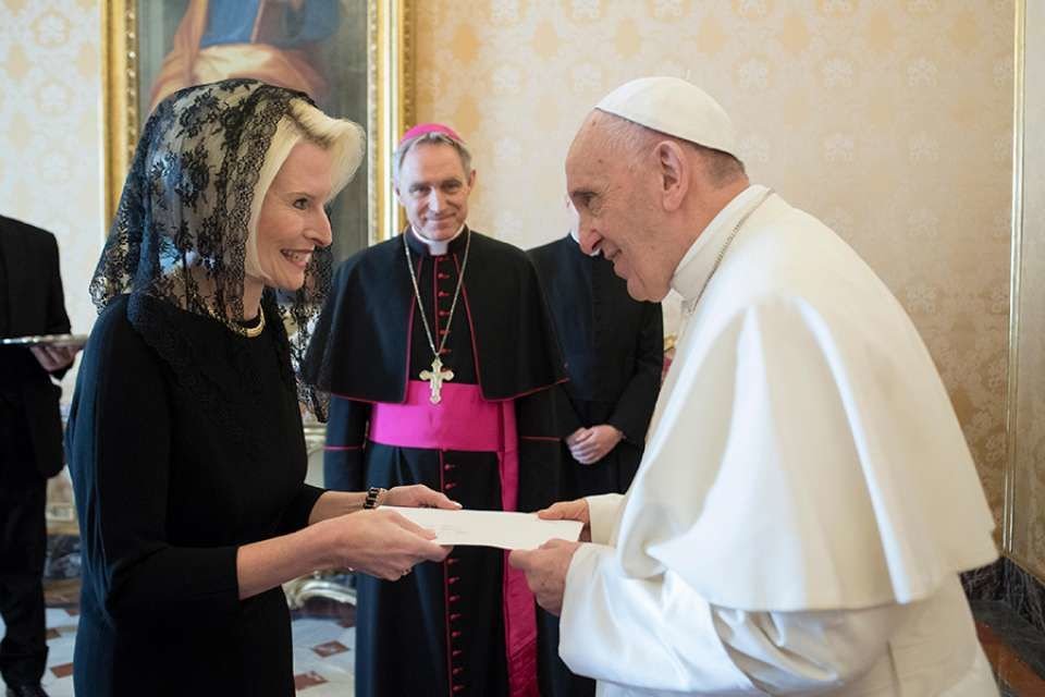 Pope Francis with Ambassador Callista Gingrich. Credit: Vatican Media