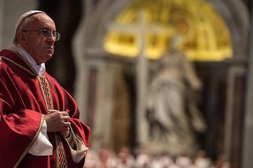 Pope Francis during the Liturgy of the Lord's Passion at St. Peter's Basilica on April 3