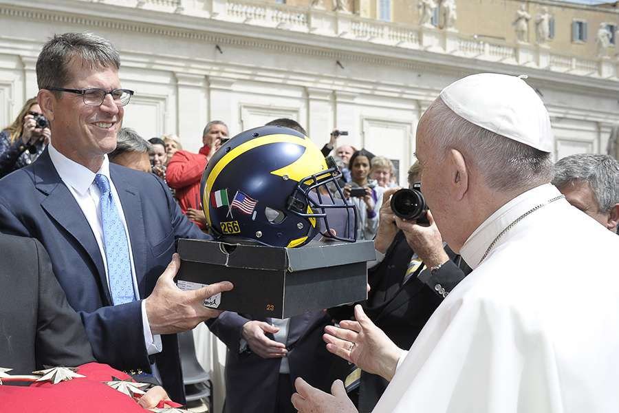 Pope Francis with Michigan Wolverine's football coach Jim Harbaugh in Vatican City