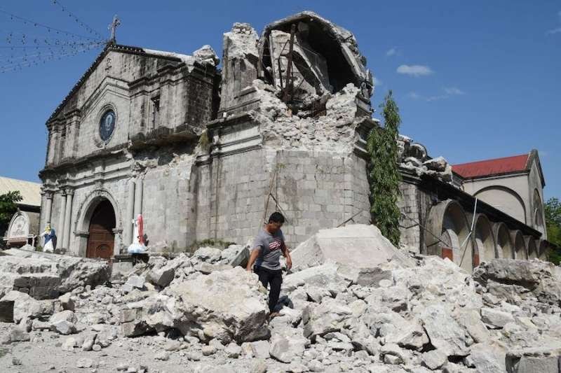 St. Catherine of Alexandria church in Porac was damaged when an April 23 earthquake struck the Philippines. Credit: Ted Aljibe / AFP / Getty Images.