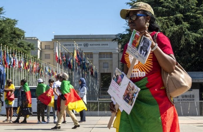 In a file photo, Cameroonian nationals living in various European countries demonstrate against the presence of Cameroon President Paul Biya in Geneva in front of the European headquarters of the United Nations in Geneva, Switzerland, Saturday, June 29, 2018. (Martial Trezzini/Keystone/AP via Crux)