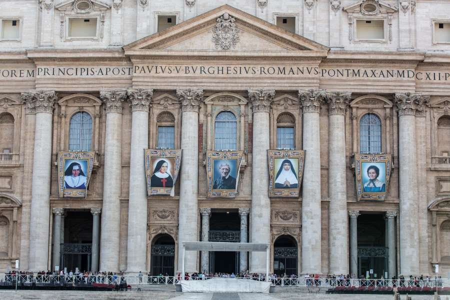 Banners of those to be canonized Oct. 13 at St. Peter's Square. (Daniel Ibanez/CNA)