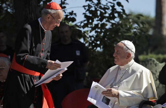 Cardinal Claudio Hummes, General Rapporteur for the Synod of Bishops for the Pan-Amazon region, left, shares a word with Pope Francis on the occasion of the feast of St. Francis of Assisi, the patron saint of ecology, in the Vatican gardens, Friday, Oct. 4, 2019. The ceremony took place two days before a Synod of bishops on the Pan-Amazon region opened at the Vatican to address the ecological, social and spiritual needs of indigenous peoples in the Amazon. (Alessandra Tarantino/AP via Crux)