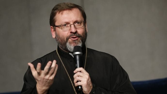 Ukrainian Archbishop Sviatoslav Shevchuk, major archbishop of Kiev-Halych and head of the Ukrainian Catholic Church, speaks to reporters at the Vatican. (CNS photo/Paul Haring via Crux)