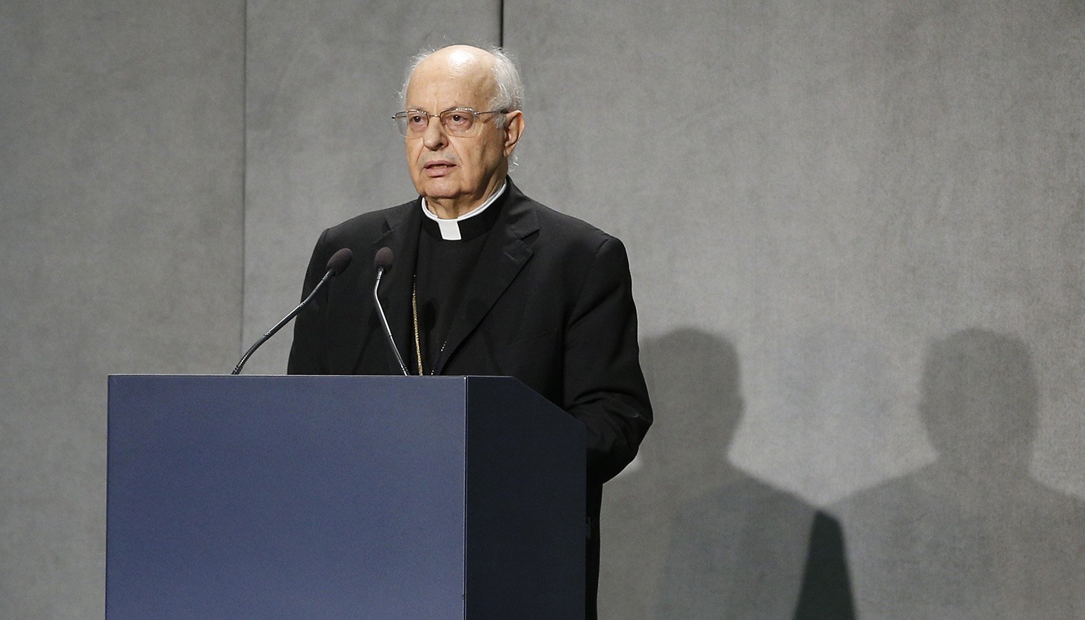 Cardinal Lorenzo Baldisseri, secretary-general of the Synod of Bishops, makes an announcement at the Holy See Press Office Oct. 2, 2019. Cardinal Baldisseri announced that Pope Francis has named Maltese Bishop Mario Grech as pro-secretary-general of the Synod of Bishops. He will eventually succeed Cardinal Baldisseri as secretary-general of the synod. (CNS photo/Paul Haring)