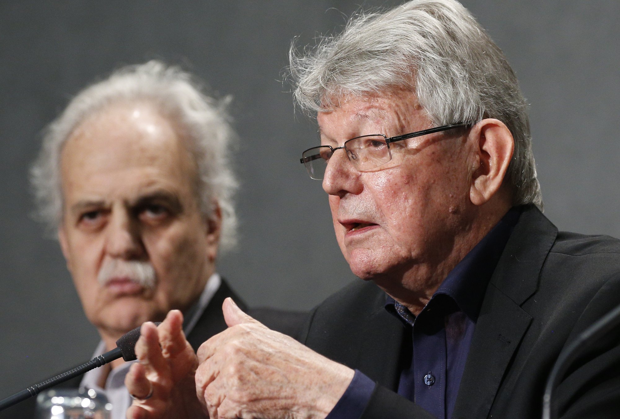 Retired Bishop Erwin Kräutler of Xingu, Brazil, speak at a press briefing following a session of the Synod of Bishops for the Amazon at the Vatican Oct. 9, 2019. Also pictured is scientist Carlos Alfonso Nobre, winner of the Nobel Peace Prize in 2007. (CNS photo/Paul Haring)