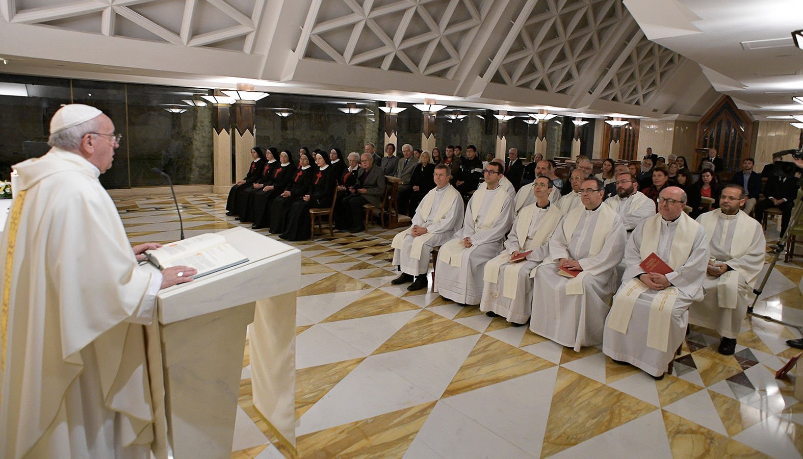 Pope Francis gives the homily as he celebrates morning Mass in the chapel of his residence, the Domus Sanctae Marthae, at the Vatican Oct. 15, 2019. The pope, in his homily, said Christians must avoid hypocrisy by scrutinizing and acknowledging their own faults and sins. (CNS photo/Vatican Media)