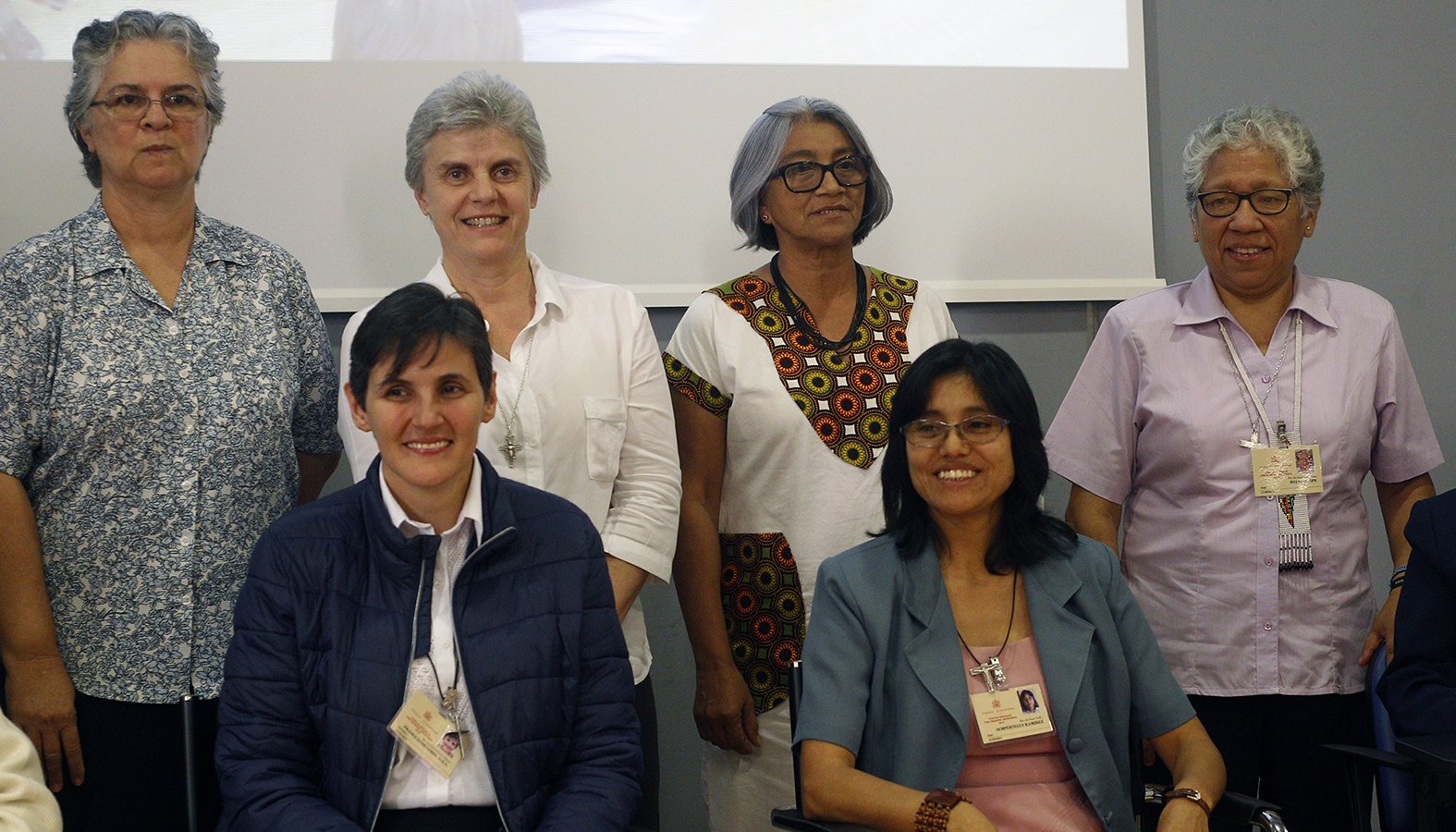 Capuchin Sister Daniela Cannavina (third from left), secretary general of the Confederation of Latin American and Caribbean Religious, told reporters in Rome Oct. 18, 2019, that the Synod of Bishops for the Amazon marks "a prophetic hour for religious life." She was one of 10 religious sisters elected as observers at the synod by the International Union of Superiors General. (CNS photo/Barbara J. Fraser)