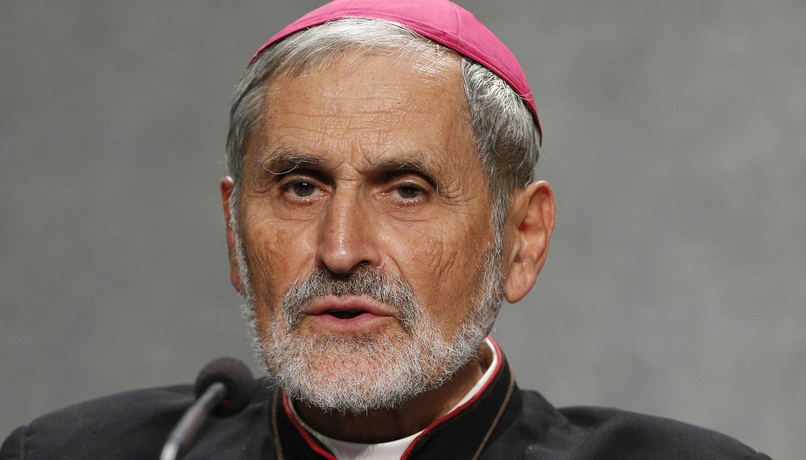 Bishop Emmanuel Lafont, who leads the Diocese of Cayenne in French Guiana, speaks at a news conference following a session of the Synod of Bishops for the Amazon at the Vatican. (CNS photo/Paul Haring)