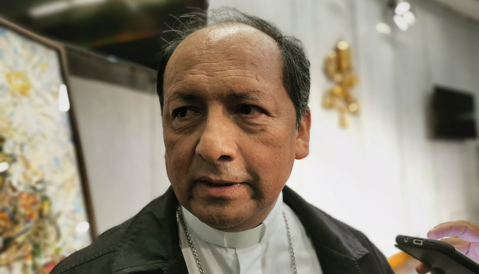 Bishop Ricardo Ernesto Centellas Guzman of Potosi, Bolivia, speaks to journalists at a news briefing following a session of the Synod of Bishops for the Amazon at the Vatican Oct. 23, 2019. (CNS photo/Junno Arocho Esteves)