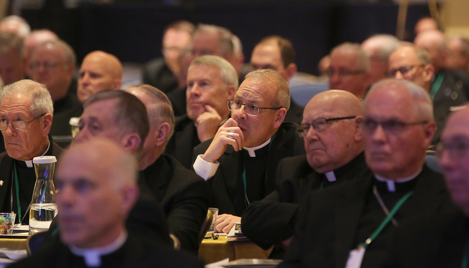 Bishops listen to a speaker Nov. 14, 2018, at the fall general assembly of the U.S. Conference of Catholic Bishops in Baltimore. The bishops will gather for their annual meeting in Baltimore Nov. 11-13, 2019. (CNS photo/Bob Roller)