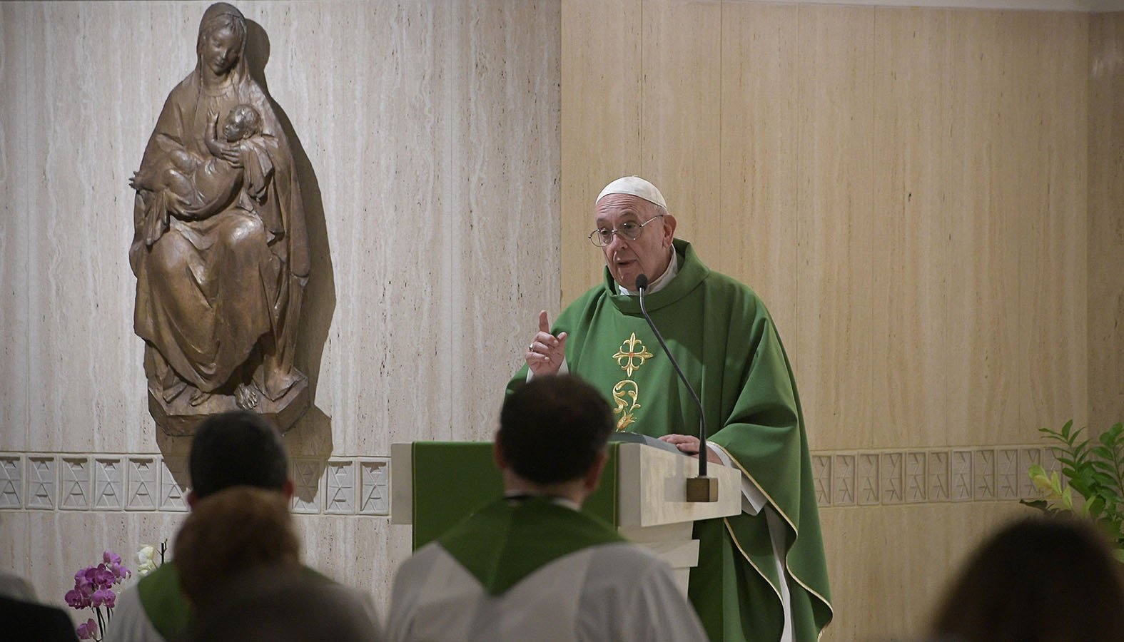 Pope Francis celebrates Mass Oct. 25, 2019, in the chapel of his residence, the Domus Sanctae Marthae. (CNS photo/Vatican Media)