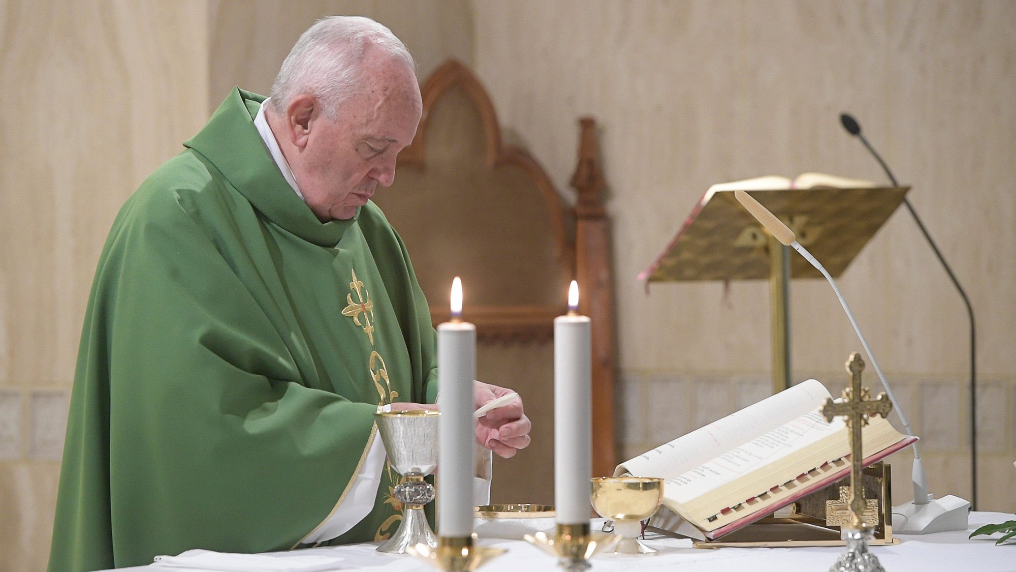 Pope Francis celebrates morning Mass in the chapel of his residence, the Domus Sanctae Marthae, at the Vatican Oct. 29, 2019. (CNS photo/Vatican Media)