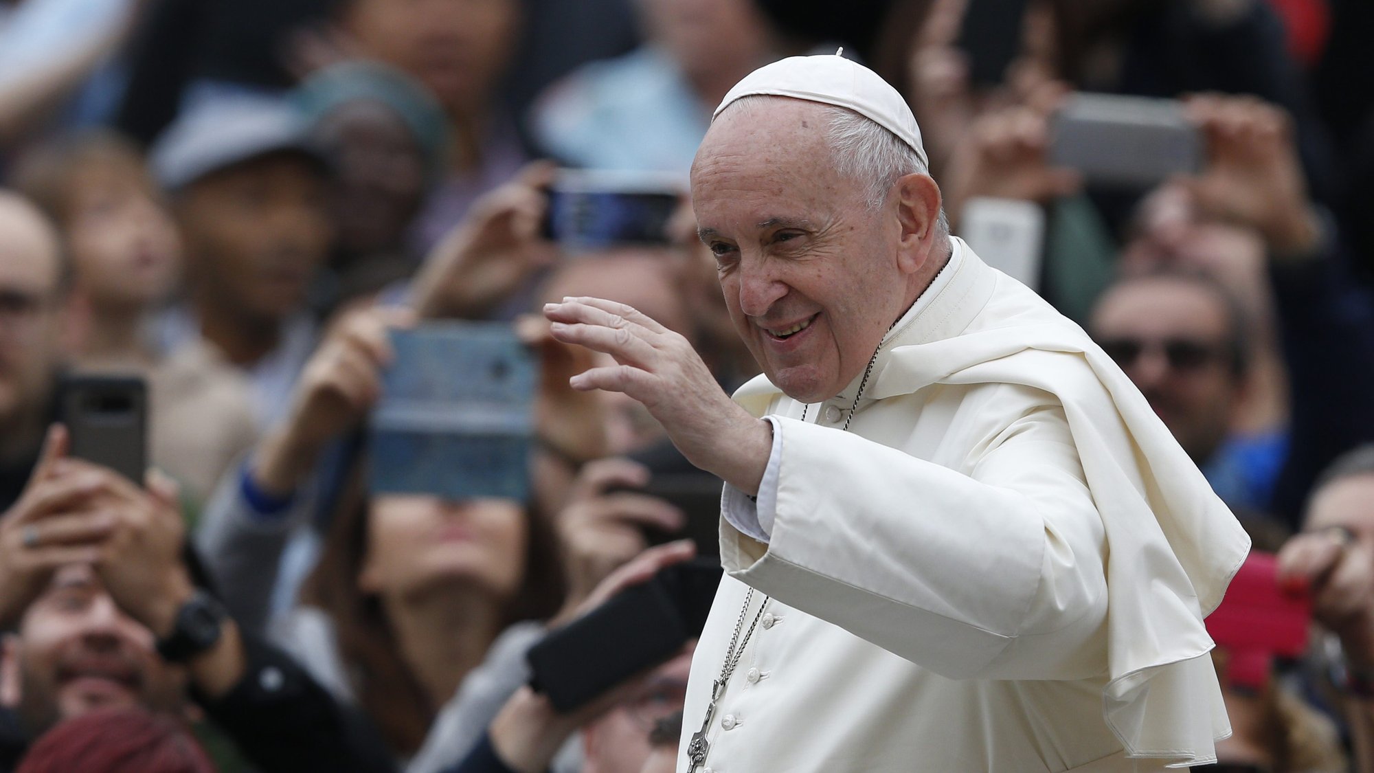 Pope Francis greets the crowd during his general audience in St. Peter's Square at the Vatican Oct. 30, 2019. (CNS photo/Paul Haring)
