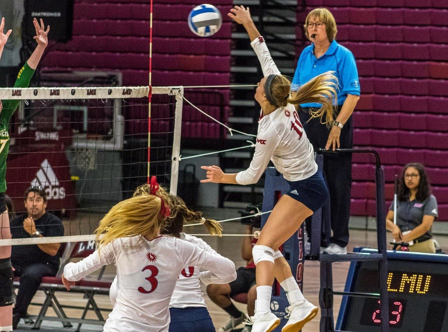 LMU’s Megan Rice (10) recorded 36 kills in the Lions’ home wins over Gonzaga and Portland last week. (LMU Athletics)