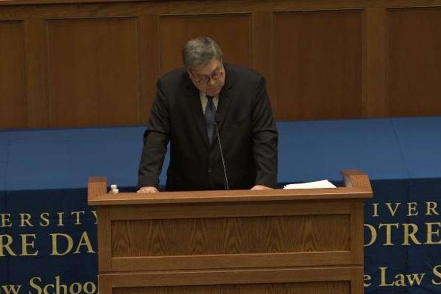 Attorney General William Barr speaks at Notre Dame Law School. (Catholic News Agency)
