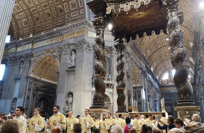 Bishop Robert P. Deeley of Portland ordaines 32 new deacons from the Pontifical North American College in St. Peter's Basilica on Oct. 3, 2019. (Elise Harris/Crux)