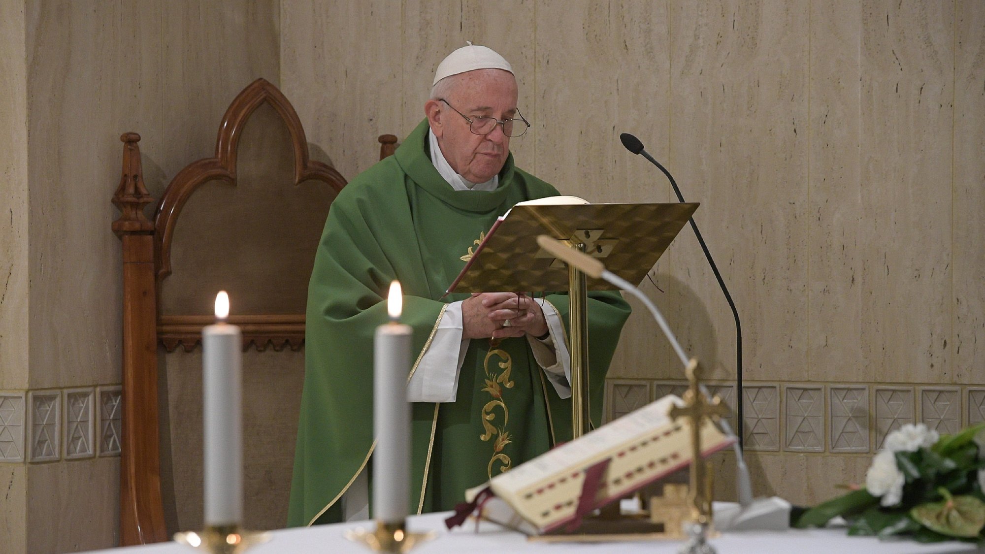 Pope Francis celebrates morning Mass in the chapel of his residence, the Domus Sanctae Marthae, at the Vatican Nov. 5, 2019. (CNS photo/Vatican Media)