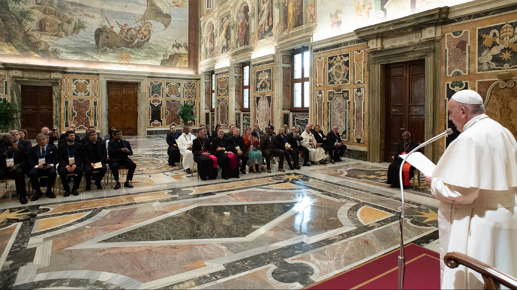 Pope Francis speaks to national and regional directors of Catholic prison ministries during a meeting at the Vatican Nov. 8, 2019. The pope urged greater efforts to reform prison systems, address the root causes of crime and ensure acceptance and reintegration once a person completes his or her sentence. (CNS photo/Vatican Media)