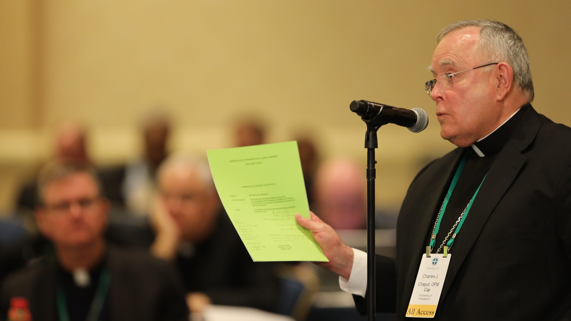 Philadelphia Archbishop Charles J. Chaput speaks from the floor during the fall general assembly of the U.S. Conference of Catholic Bishops in Baltimore Nov. 11, 2019. (CNS photo/Bob Roller)