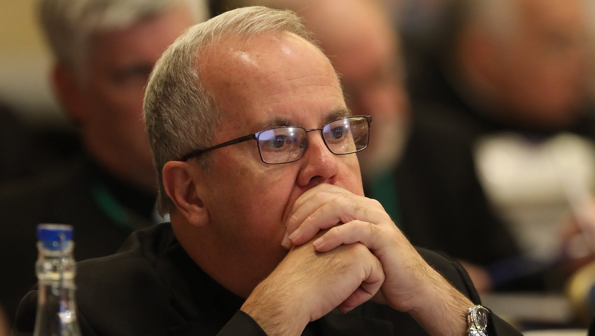 Bishop Joseph C. Bambera of Scranton, Pa., chairman of the U.S. bishops' Committee on Ecumenical and Interreligious Affairs, listens to a speaker at the fall general assembly of the USCCB in Baltimore Nov. 12, 2019. (CNS photo/Bob Roller)