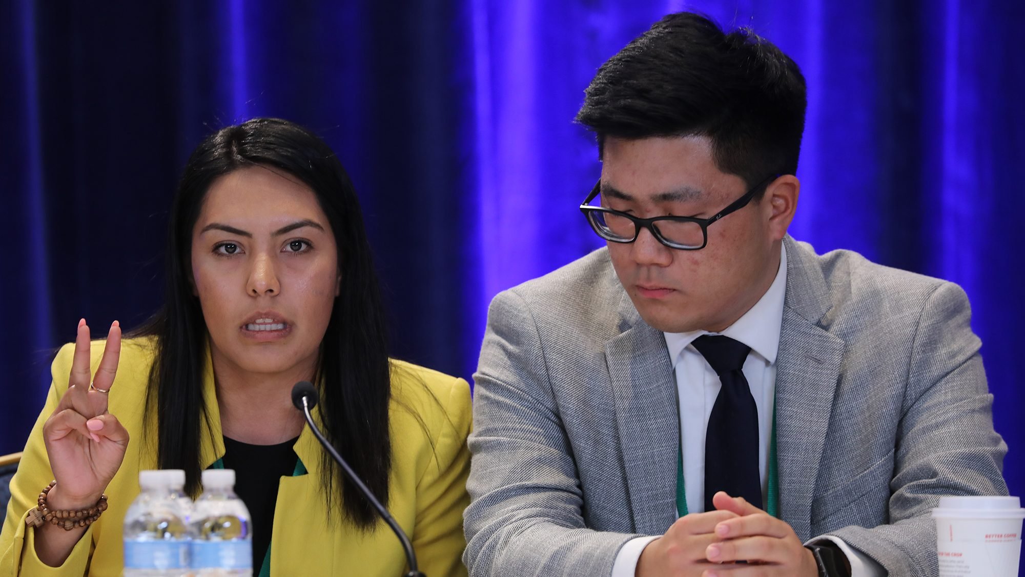 Brenda Noriega, Young Adults Ministry Coordinator at the Diocese of San Bernardino, Calif., responds to a question alongside Brian Rhude, Program Coordinator at the Catholic Apostolate Center in Washington, during a news conference during the fall general assembly of the U.S. Conference of Catholic Bishops in Baltimore Nov. 12, 2019. (CNS photo/Bob Roller)