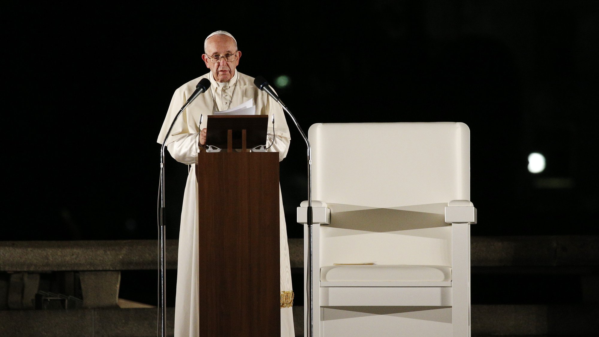 Pope Francis speaks during a meeting for peace at the Hiroshima Peace Memorial in Hiroshima, Japan, Nov. 24, 2019. (CNS photo/Paul Haring)