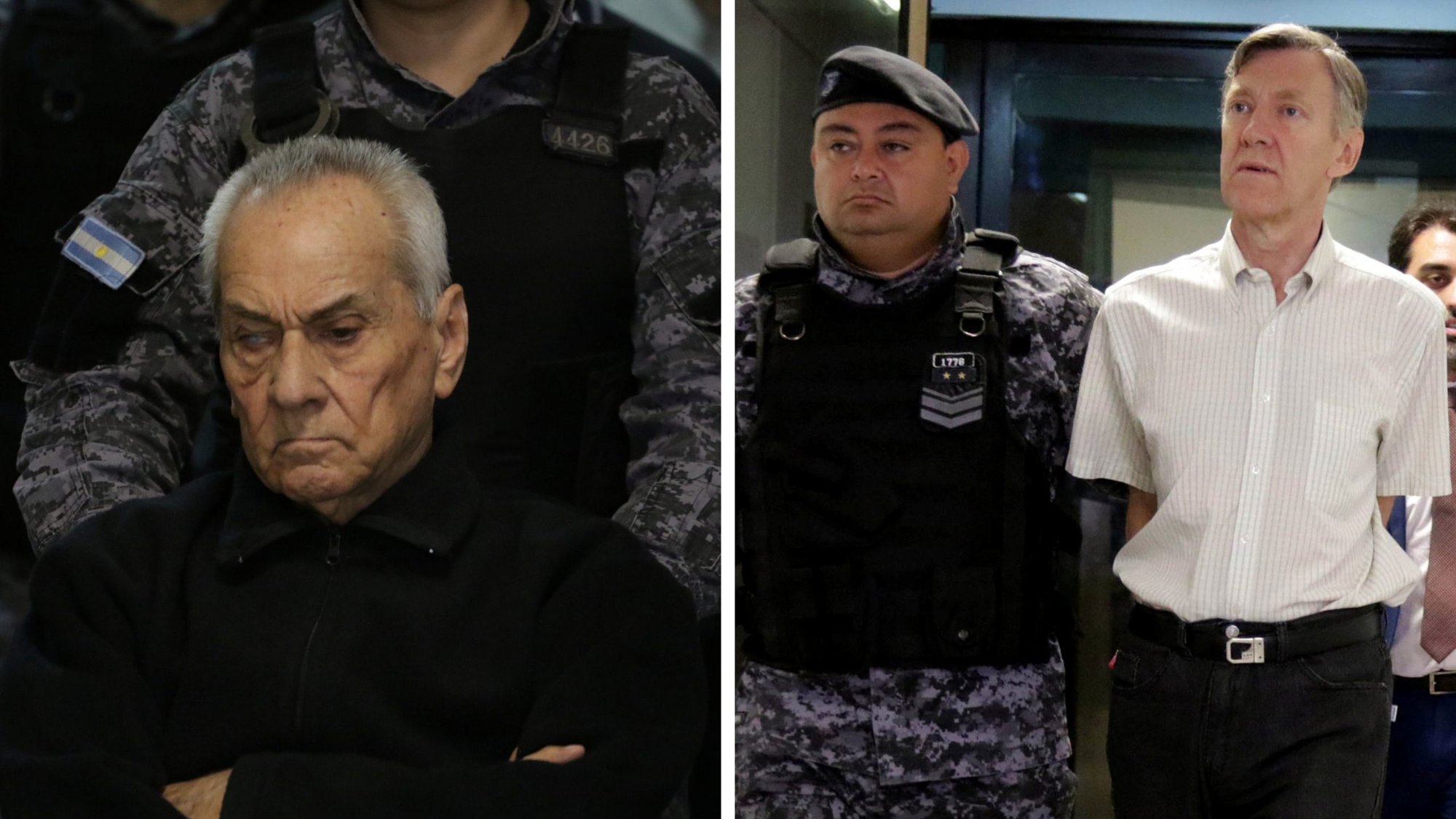 In this composite photo, Italian Father Nicola Corradi, left, and Argentine Father Horacio Corbacho, are escorted into a courtroom Nov. 25, 2019, in Mendoza, Argentina. They were sentenced to more than 40 years in prison for abusing children at a school for the deaf. (CNS illustration/photos by Maximiliano Rios, Reuters)