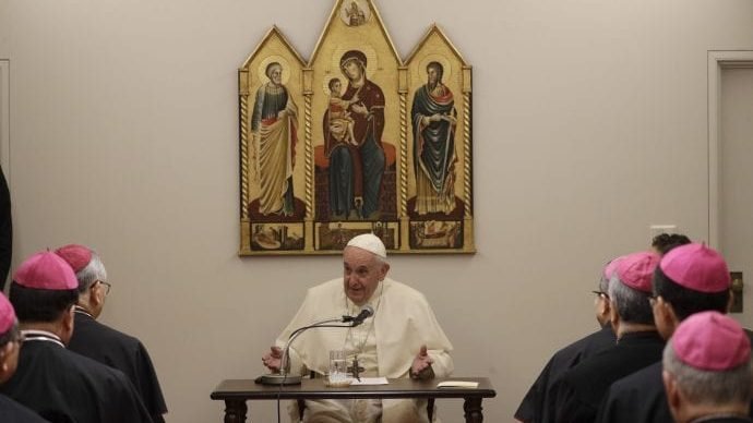 Pope Francis meets with Bishops at the Apostolic Nunciature in Tokyo, Saturday, Nov. 23, 2019. Pope Francis arrived in Japan earlier in the day for a three-day visit. (Gregorio Borgia/AP via Crux)
